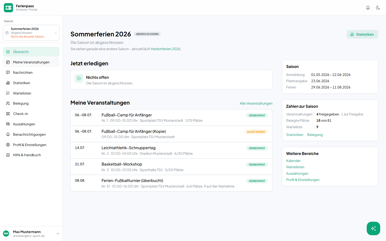 Anbieter-Dashboard mit eigenen Veranstaltungen, Belegung, Warteliste und Kennzahlen zur Saison.