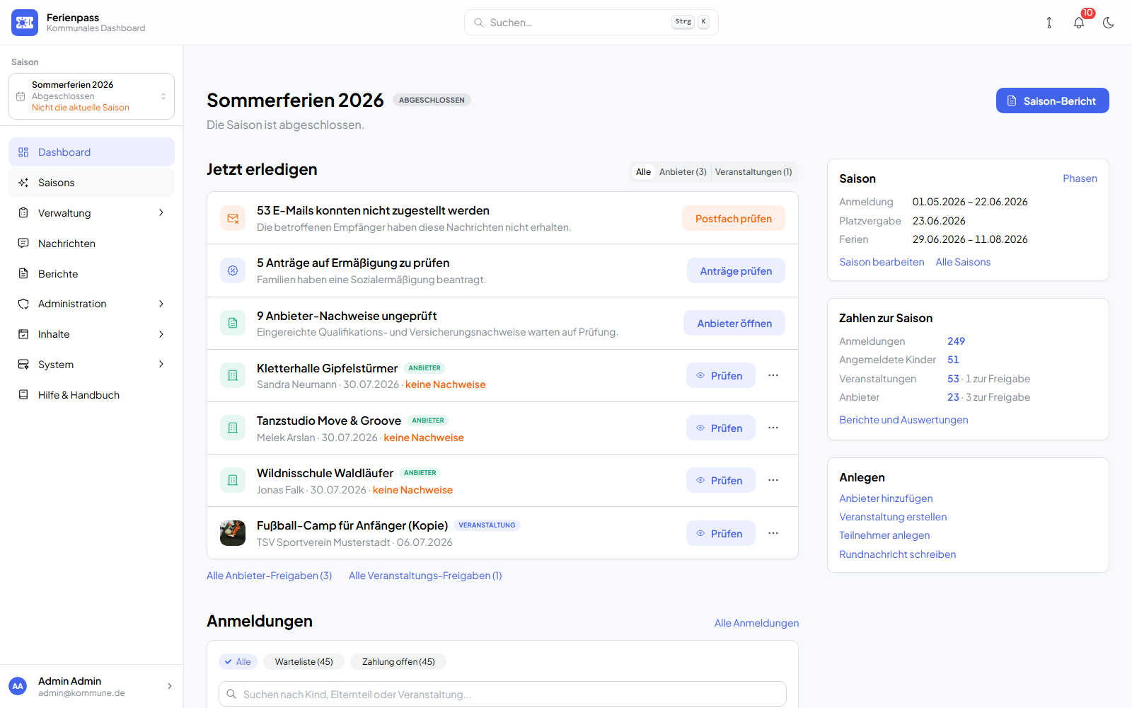 Kommune-Dashboard mit aktuellen Aufgaben, Freigaben, Anmeldungen und Kennzahlen zur Saison.